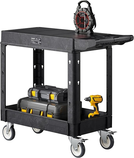 VEVOR Utility Cart, 550 lbs Load Capacity, 31.3 x 17.7-inch Service Cart, Two-Shelf Heavy Duty Plastic Utility Cart with 360° Swivel Wheels (2 with Brakes), Suitable for Warehouse, Garage, Cleaning