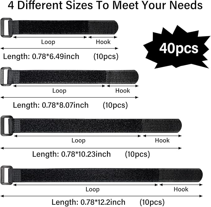 40pcs Reusable Cable Ties - 4 Sizes (6/8/10/12 Inch) - Hook and Loop Cable Straps for Wire Management - Heavy Duty Cord Organizer & Wire Ties for Electronics, PC, Home & Office
