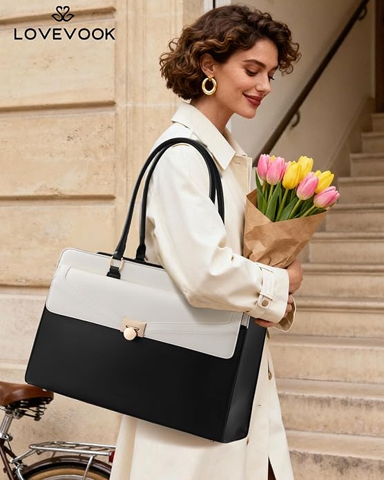 LOVEVOOK Laptop Tote Bag for Women - PU Leather Vintage Work Tote Bag,Waterproof Business Teacher Bag with Large Cup Holder
