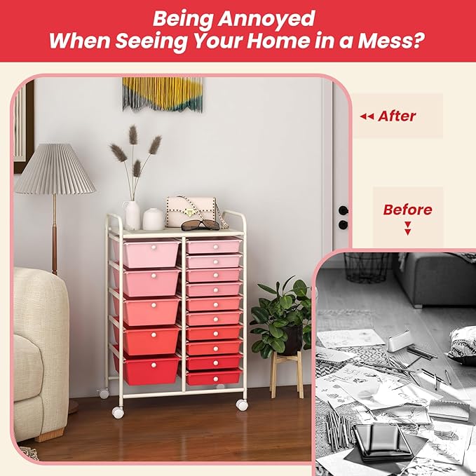 COSTWAY 15 Drawer Rolling Storage Cart, Mobile Utility Cart with Lockable Wheels, Drawers, Multipurpose Organizer Cart for Home, Office, School, Gradient Pink