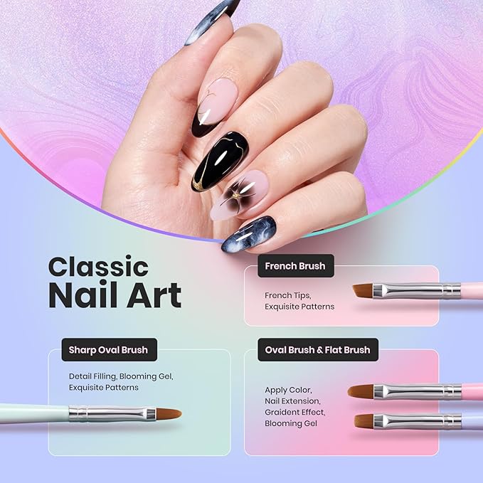 Beetles White Gel Nail Polish Black Gel Polish with Nail Art Brushes Set, 6 Pcs Nails Art Pens Dotting Pen Clean Up Liner French Nails Tools with Palette Brush Holder DIY Manicure Design Set