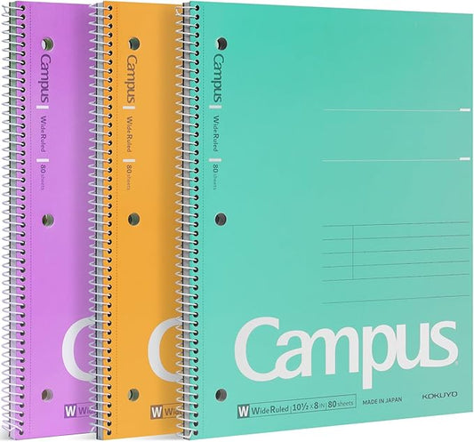 KOKUYO Spiral Notebook, 3 Pack Campus 10-1/2" x 8" Subject Notebooks with Wide Ruled, 80 Sheets, Purple Orange Turquoise 3 Holes School Spiral Journal for Work Study Note Taking (WSG-SU-400G3×3)