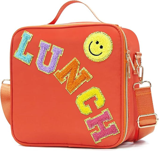 Insulated Lunch Bag Women Lunch Box Kids for Teen Girls Boys, Cute Preppy Lunch Boxes With Adjustable Shoulder Strap, Waterproof Nylon Lunchbox Lunch Bags for School Work Picnic (Orange)