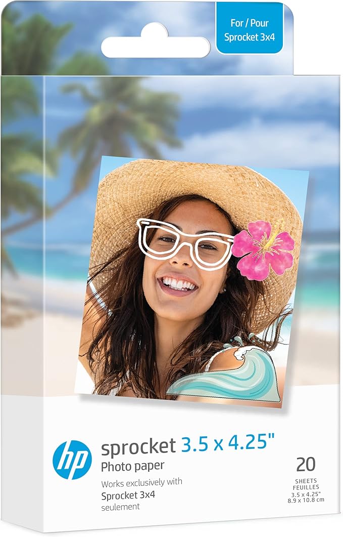 HP Sprocket 3.5 x 4.25” Zink Sticky-backed Photo Paper (20 Pack) Compatible with HP Sprocket 3x4 Photo Printer