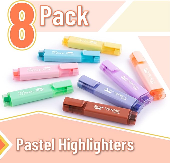 Mr. Pen- Pastel Highlighter, 8 pcs, Tank Style, Chisel Tip, Cute No Bleed Bible Highlighter
