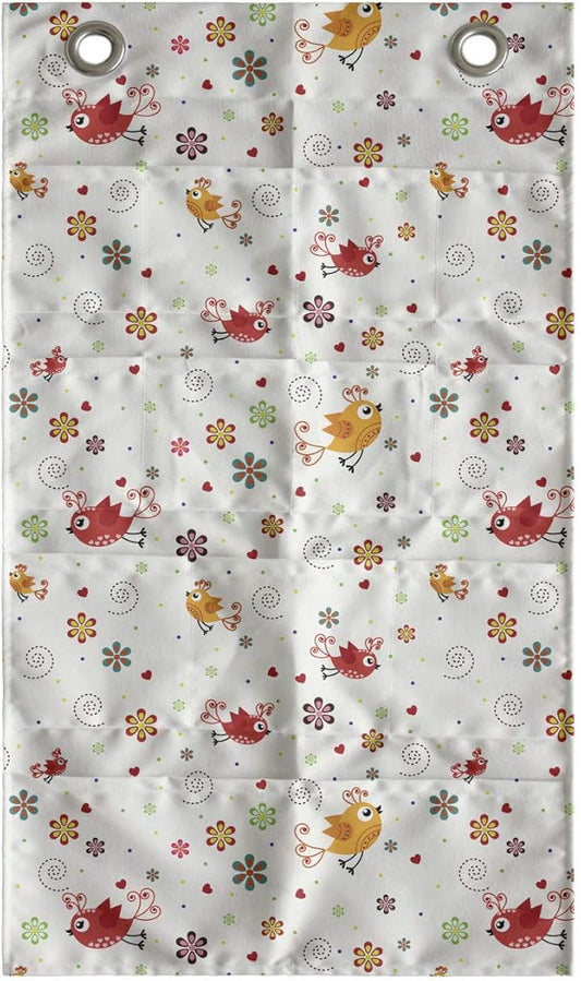 Ambesonne Cartoon Hanging Pocket Organizer, Birds Swirls Flowers and Mini Hearts Nature Inspired Drawing Style Happy Animals, Printed Polyester Storage Bag with Pockets, 21" x 31", Multicolor