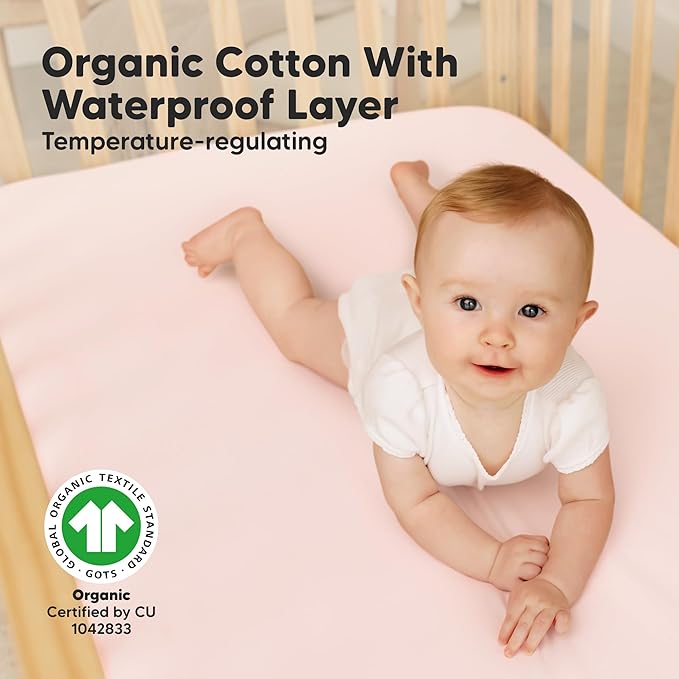 2-Pack Waterproof Crib Sheets for Boys, Girls - 52x28 Fitted Organic Cotton Baby Crib Sheets, Toddler Mattress Protector Cover, Washable, Soft & Durable Baby Bedding Essentials (Mist Rose)