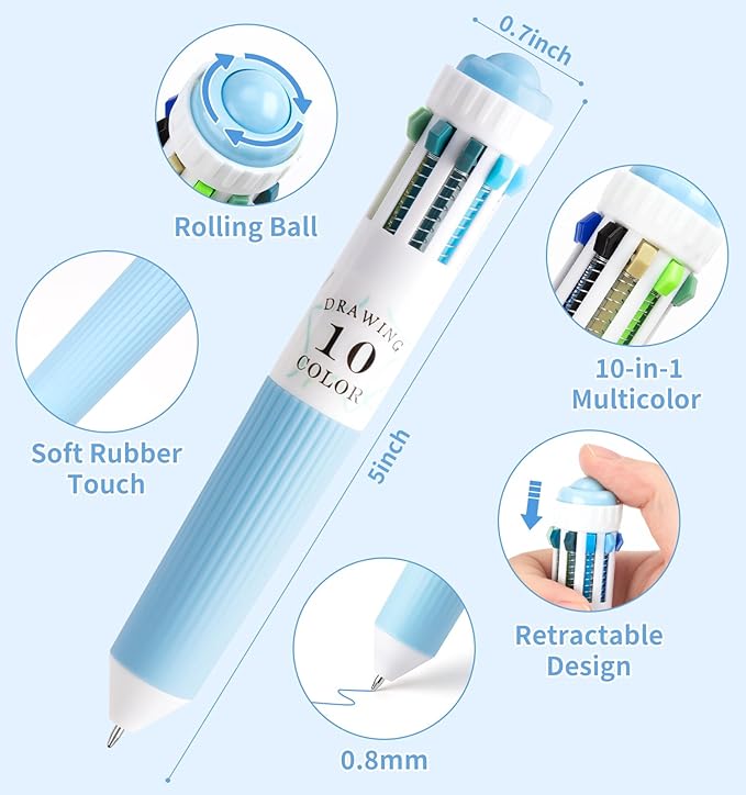 3 Park Multicolor Pens, 10-in-1 Colored Ballpoint Pen, 28 Colors, 0.8mm Fine Point Smooth Writing, Retractable Ballpoint Pens for Office School Students Children