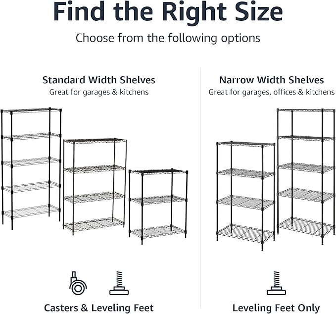 Amazon Basics 5-Shelf Heavy Duty Garage Shelving Storage Rack with 4" Wheel Casters, Adjustable Metal Wire Organizer, 300 lbs Per Shelf, 30" x 14" x 64.75", Black