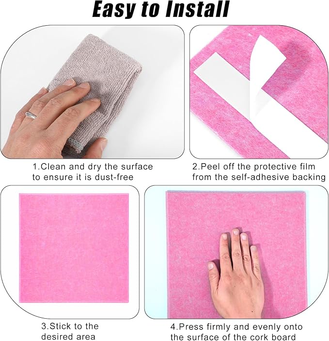 Large Cork Board 36" x 24", 6 Pack Felt Bulletin Board with 30 Pushpins, Cork Boards Alternative with Self-Adhesive Strips, Felt Wall Tiles Pin Boards for Walls Office Home School Decor-Hot Pink