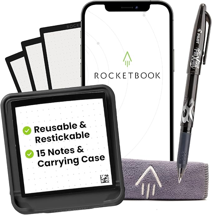 Rocketbook Reusable Sticky Notes Starter Pack, Restick and Reorganize Memo Pads, 3"x3", 15 Black Sticky Notes, Includes Pen, Towel + Carrying Case (Kit of 1)