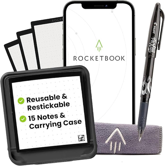 Rocketbook Reusable Sticky Notes Starter Pack, Restick and Reorganize Memo Pads, 3"x3", 15 Black Sticky Notes, Includes Pen, Towel + Carrying Case (Kit of 1)