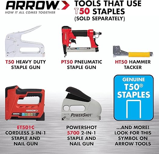Arrow 508 Heavy Duty T50 1/2-Inch Leg Length, 3/8-Inch Crown, Staples for Upholstery, Construction, Furniture, Crafts, 1250 Count(Pack of 1)