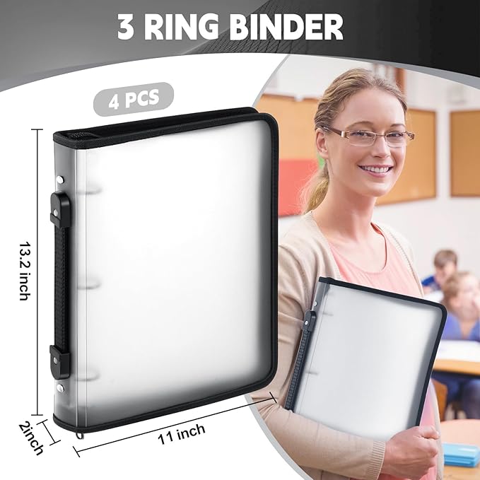 Teling 4 Pcs 2 Inch Clear Zipper Binder with 3 Ring Zipper Binder, Refillable Plastic Clear File Organizer Planner for Projects, Assignments, Memos, School Work, 13.2 x 11 Inch