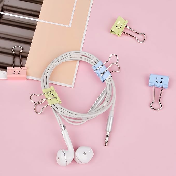 Smiling Face Binder Clips Small, 20 Pcs Colored Binder Clips Assorted Color (19mm), Cute Emoji Paper Clamps for Office, School and Home, Fun & Decorative Orange Paper Clips Gift