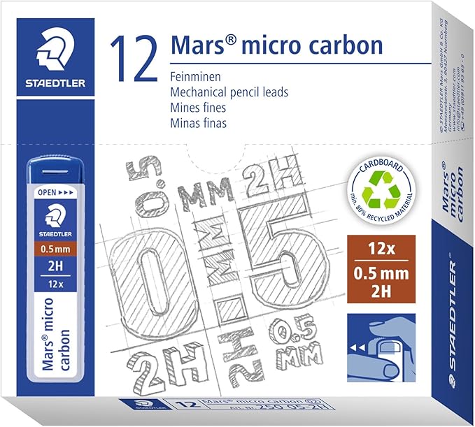 STAEDTLER Mars Micro Carbon Mechanical Pencil Refills, Tube of 12 0.5mm, Pack of 12 Tubes, 2B Soft Fine Point Graphite Leads, 250 05-2B