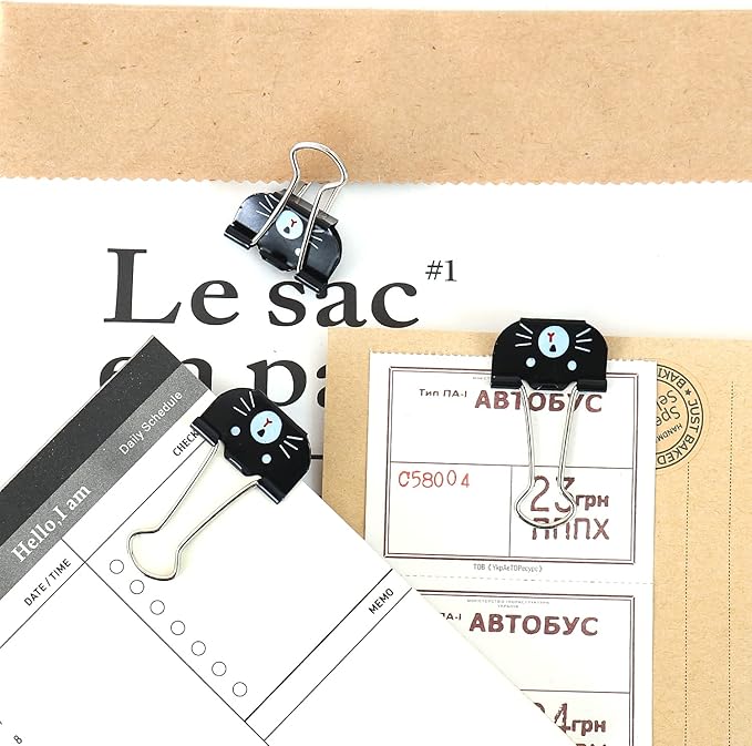 Cute Cat Metal Binder Clips 20Pcs Black Medium Paper Clamps for School Home Desk Organizers Office Supplies