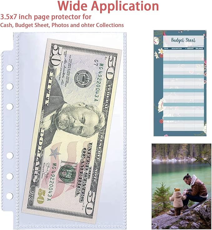 40 Pack 80 Pockets Budget Sheet Protector Sleeves for A6 6 Ring Binder, Ultra-Clear Cash Binder Sleeves, Double-Sided, Top Loading Sheet Protector for Budget Sheet, Currency Collection,3.5x5 Photos