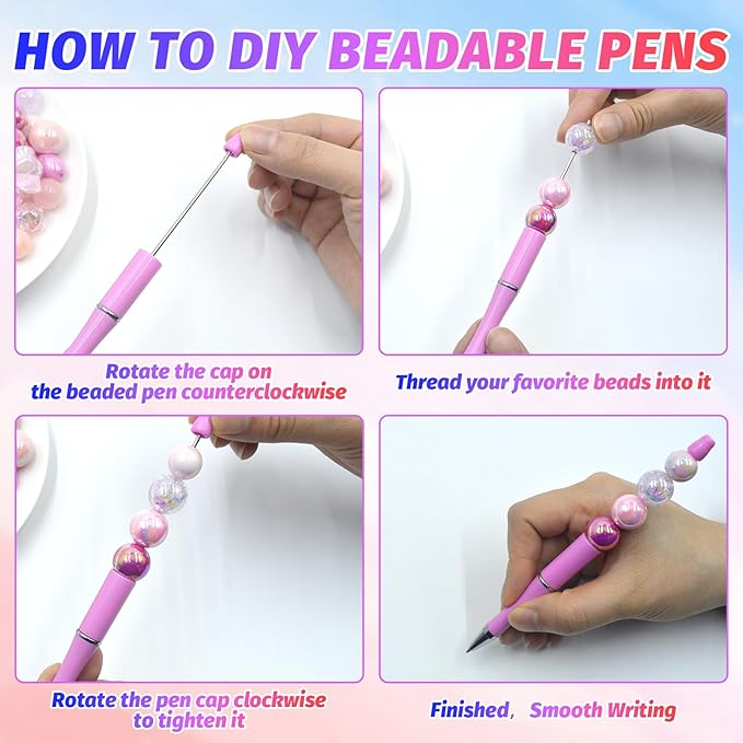 150 Pieces DIY Beadable Pen Kit – 50 Plastic Ballpoint Pens with Refills & Bags – School Supplies, Office Accessories & Decorative Items for Students & Teachers （Sweet）