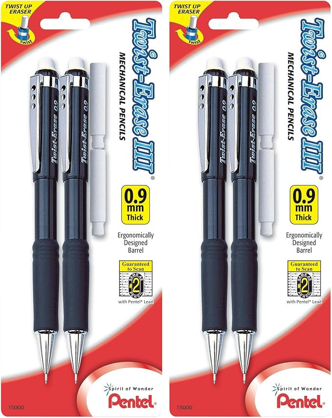 Pentel Twist-Erase III Mechanical Pencil, (0.9mm), Assorted Barrel Colors with 2 Eraser Refills (QE519BP2-K6) (Pack of 4)