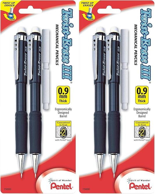 Pentel Twist-Erase III Mechanical Pencil, (0.9mm), Assorted Barrel Colors with 2 Eraser Refills (QE519BP2-K6) (Pack of 4)