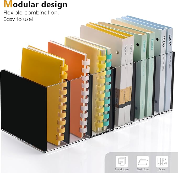 SANRUI Acrylic Magazine File Holder Desktap Organizer, Clear Folder Rack Workspace Document Sorters, Bookend File Office Accessories Organization Storage, (Black 3 Vertical Compartments)
