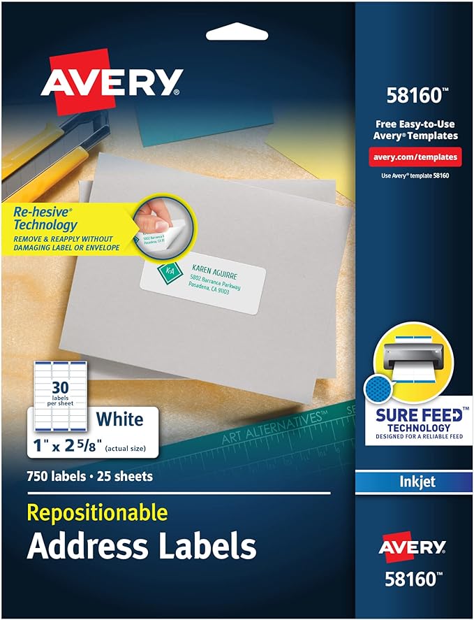 Avery Repositionable Printable Address Labels with Sure Feed, 1" x 2-5/8", White, 750 Blank Mailing Labels (58160)