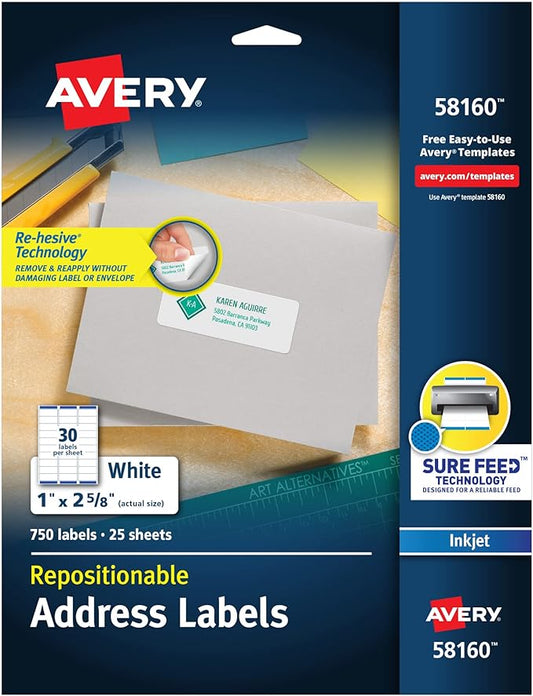 Avery Repositionable Printable Address Labels with Sure Feed, 1" x 2-5/8", White, 750 Blank Mailing Labels (58160)