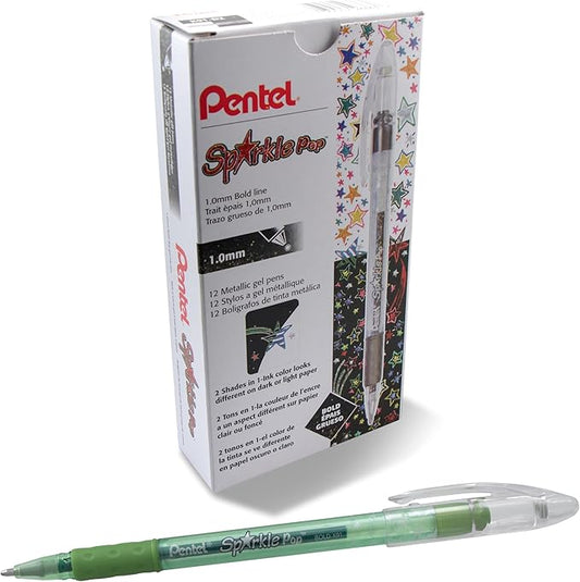 Pentel Sparkle Pop Metallic Gel Pen, (1.0mm) Bold Line, Green/Blue Ink, Box of 12 Pens (K91-DD)