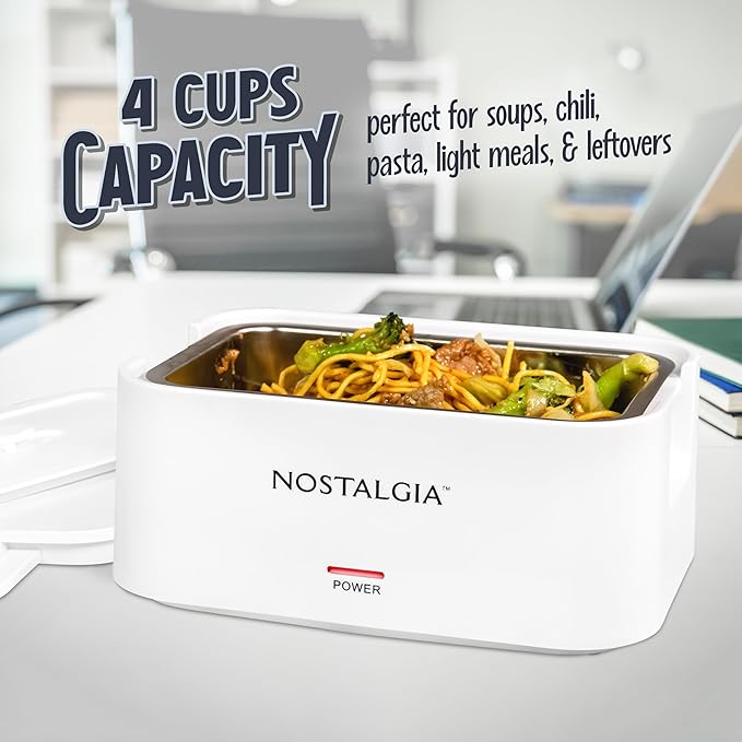 Nostalgia Portable Heated Lunch Box – 4-Cup Stainless Steel Food Warmer – Detachable Cord, Leak-Proof Lid, Carry Handle – Portable for Work & Travel – White