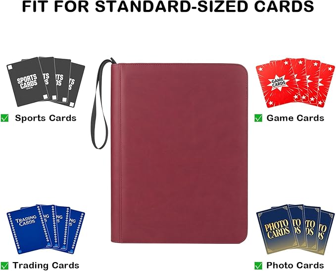 Card Binder 9 Pocket - 432 Cards, Premium Red PU Leather Album, 24 Page Zippered Side-Loading for Baseball, Sports Cards & TCG Collectibles (Vibrant Team Red)