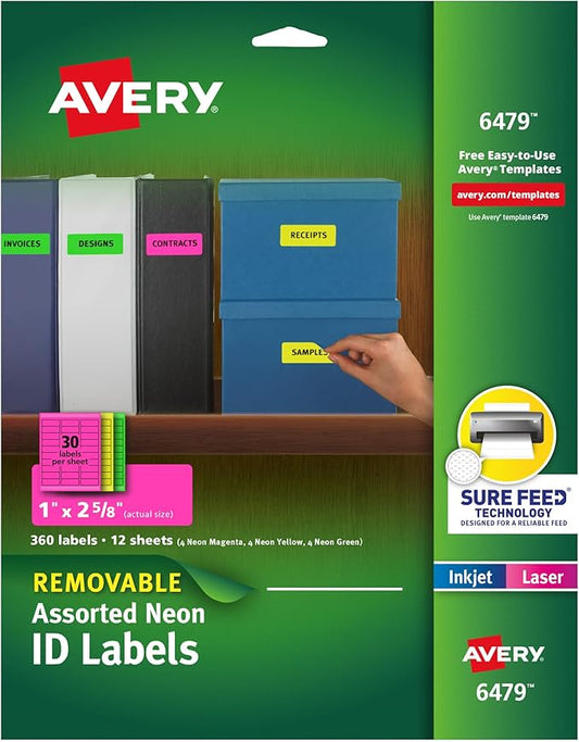 Avery Printable Labels with Sure Feed, 1" x 2-5/8", Assorted Neon Colors (Green, Magenta, and Yellow), Removable Adhesive, Laser & Inkjet Compatible, 360 Blank Labels Total (6479)