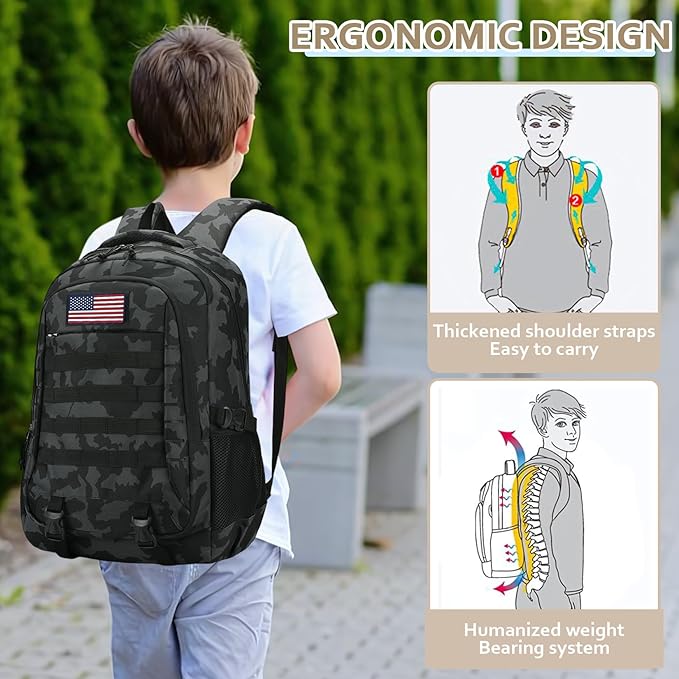 Camo Backpack for Boys 3 in 1 Set, 19 Inch 55L Tactical Bookbag with Lunch Box Pencil Case, Molle School Backpack for Kids Teens, Daily School Commute Outdoor Camping for Elementary Middle High School