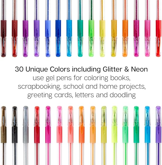 KINGART GLITTER Rollerball GEL PENS, 30 Sparkling Colors with Soft-Grip Comfort, XL Ink Cartridge - For Coloring, Doodling, Scrapbooking, Journaling and General Use, All Ages, 30 Pens