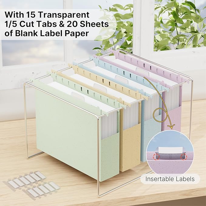 XINGIA Wheat Straw Hanging File Folders Letter Size Extra Capacity,Heavy Duty 2'' Expandable File Cabinet Folders,12 Pack Pastel File Folders Hanging with Tabs,Hanging File Organizer for Office School