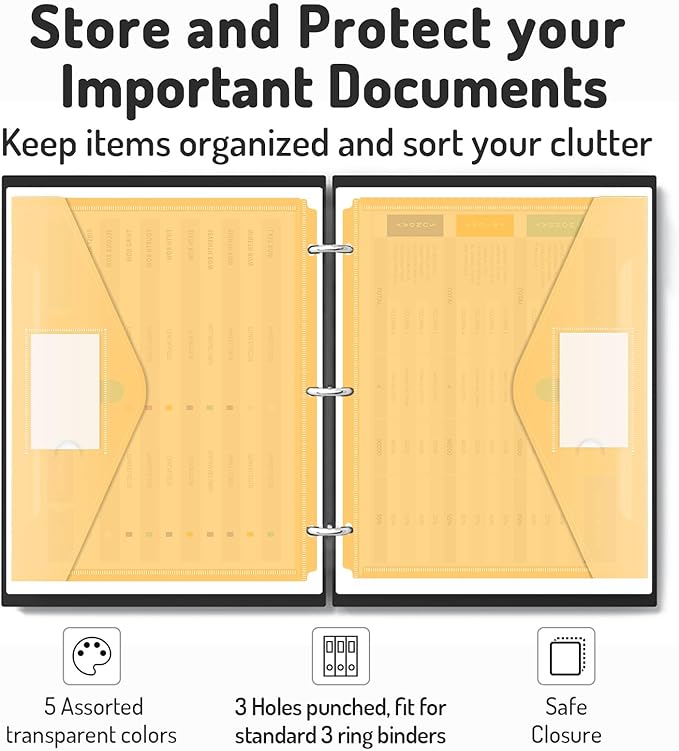 Forvencer Binder Pocket, 5 Pack Super Heavyweight Plastic Folders with Tight Closure, Binder Folders Side Loading, 3 Ring Binder Pocket, Binder Dividers with Pockets, Letter Size, Retro Series