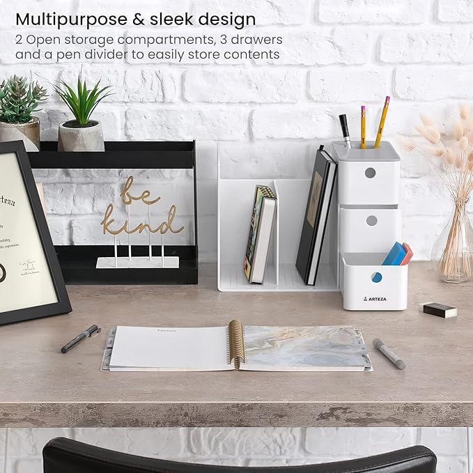 ARTEZA Desktop Storage Rack with Divider – 3 Drawers for Art and Office Supplies, Pencil Holder Organizer for Desk, 11.57 x 8.43 x 8.5 in, Cool Gray