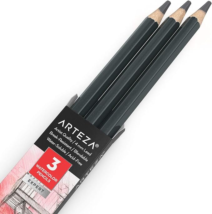 Arteza Professional Watercolor Pencils, Pack of 3, А011 Koala Gray, Water-Soluble Pencils for Coloring, Blending, Layering & Watercolor Techniques