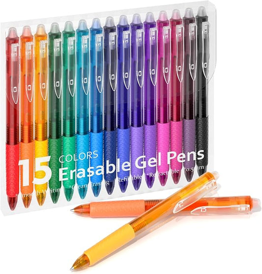 Erasable Gel Pens, 15 Colors Retractable Fine Point Erasable Pens Clicker, Fine Point(0.5mm), Assorted Color Inks, Make Mistakes Disappear for Drawing Writing Planner and Crossword Puzzles