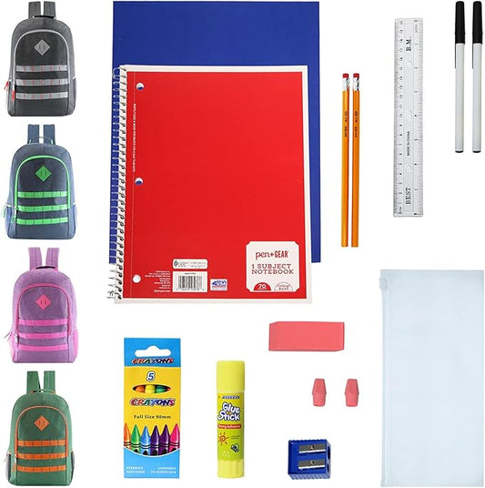 6-Pack 19” Sport Backpacks with 18 Piece School Supplies Kits - Pens, Pencils, Crayons - Bulk Bundle for Elementary, Middle, and High School Students, 6 Assorted Styles