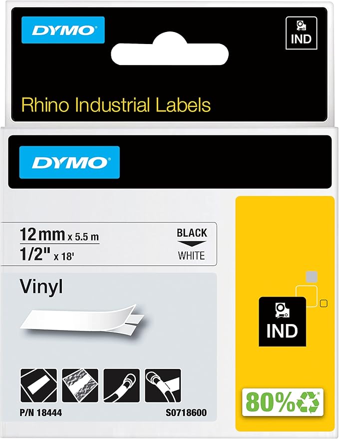 DYMO Rhino Industrial Vinyl Labels 1/2" Black Print on White Tape