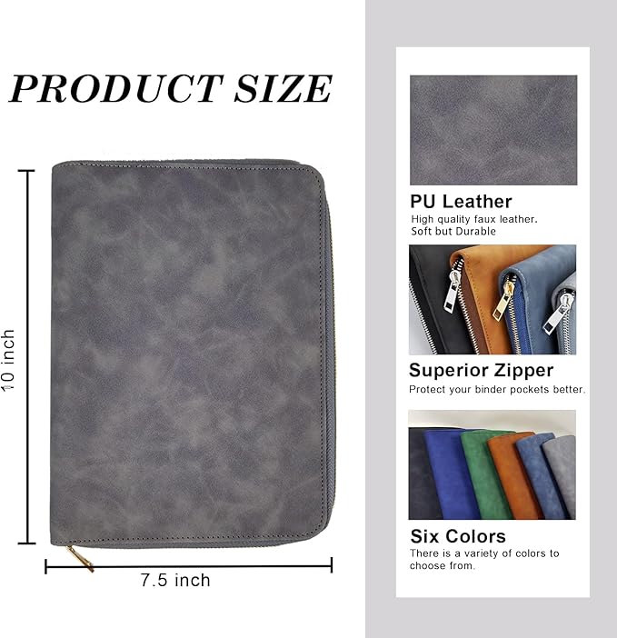 A5 Binder Case PU Leather Portfolio Budget Binder Refillable Notebook Planner Cover with Zipper 6 Rings Money Document Organizer for Business Interview (Grey)