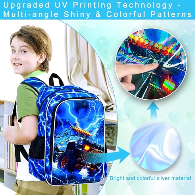 KLFVB 3PCS Kids Backpack Set, 17" Boys Truck Bookbag and Lunch Box, Water Resistant School Backpacks for Teenagers Middle Elementary - Lightning Truck