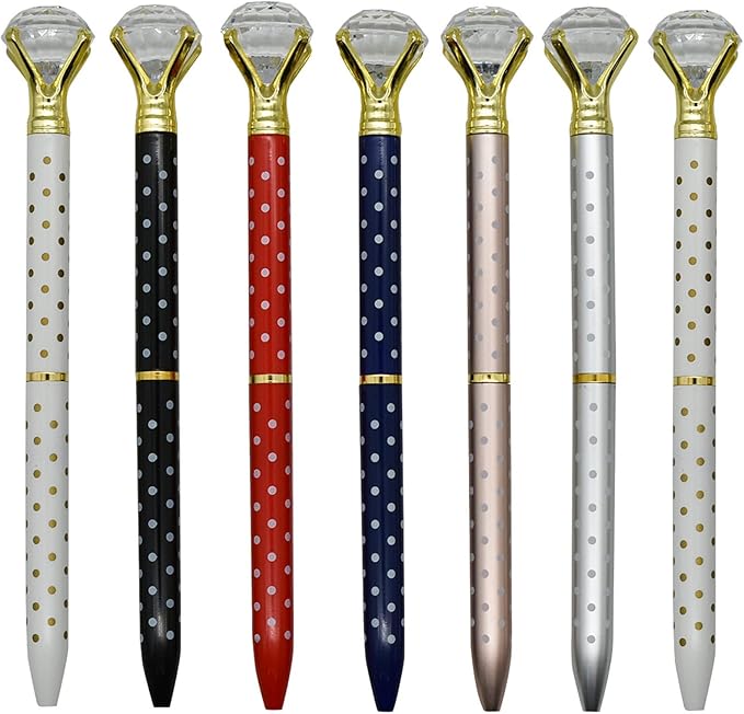 Maydahui 12 PCS Polka Dot Big Diamond Ballpoint Pens Retractable Bling Rhinestone Pen Beautiful Gem Pens 6 Color Black Ink for School Wedding