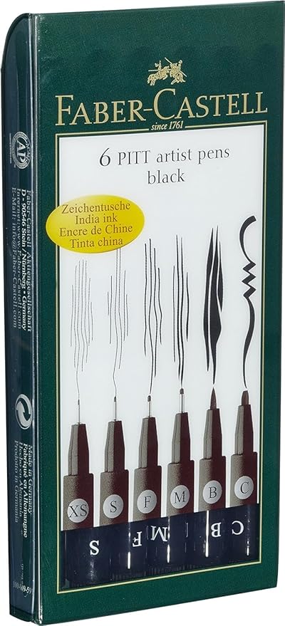 Faber-Castell F167116 Pitt Artist Pen Wallet of 6 with Assorted Tips - Black