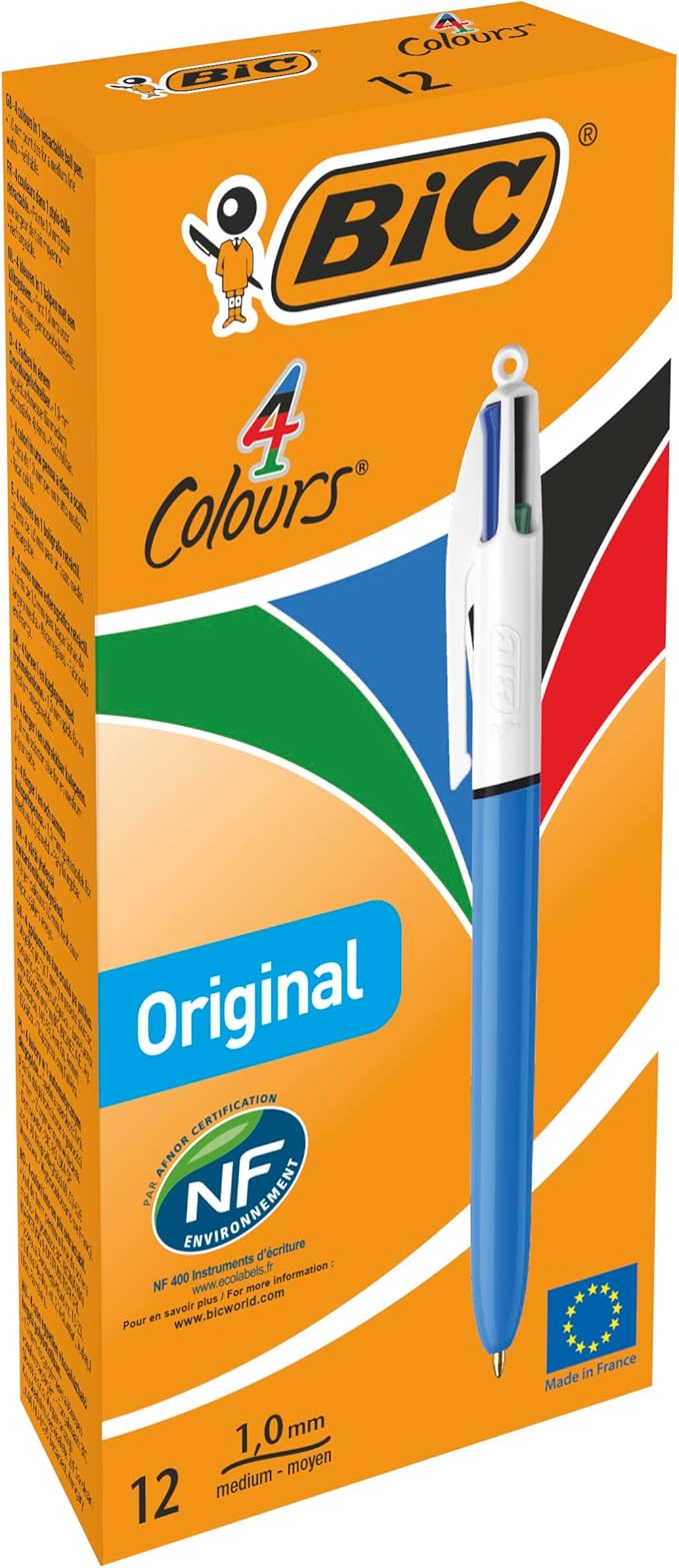 BIC 4 Colours Original Retractable Ballpoint Pens, Multi Coloured All in One, Green, Blue, Red, Black, 12 Pens Per Pack
