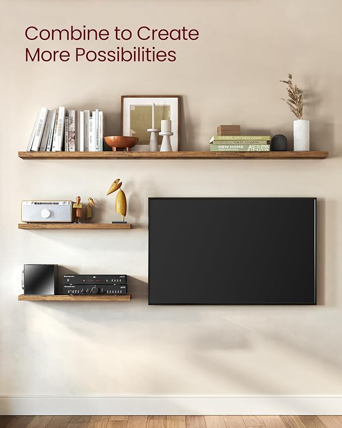 VASAGLE Wall Shelves Set of 3, Floating Shelves, 8 x 15.7 x 1.5 Inches, Display Shelves for Picture Frames, Wall Decor, Hanging Shelf for Living Room, Kitchen, Rustic Brown ULWS055B01