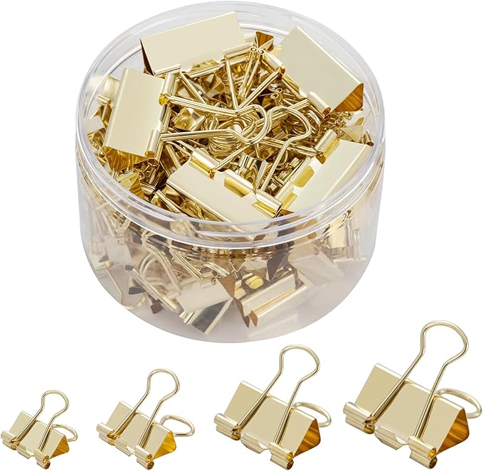 Binder Clip Paper Clamps, Assorted Sizes (Mini, Small, Medium, Large), 100 Pcs Clips for Office School Supplies (Gold)