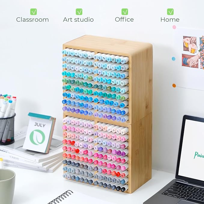 Ohuhu Bamboo Marker Organizer, Wooden Desktop Storage Hold 126 Markers, Pens, Pencils, Art Brushes Stationary Organizer Pencil Holder with 18 Compartments for Home, Classroom, Office Decor