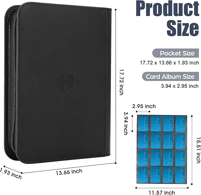 Card Binder 16 Pocket with Zipper, 1024 Pockets Trading Card Holder Book, Premium PU Cover Zip Folder Binder, Side Loading Carrying Case Binder Album for TCG, MTG, Sports Cards, Game Cards